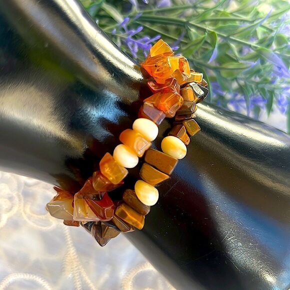 Set 2 Tumbled Gemstone Stretch Bracelets - Tiger Eye & Carnelian/Agate W/MOP - Picture 2 of 8